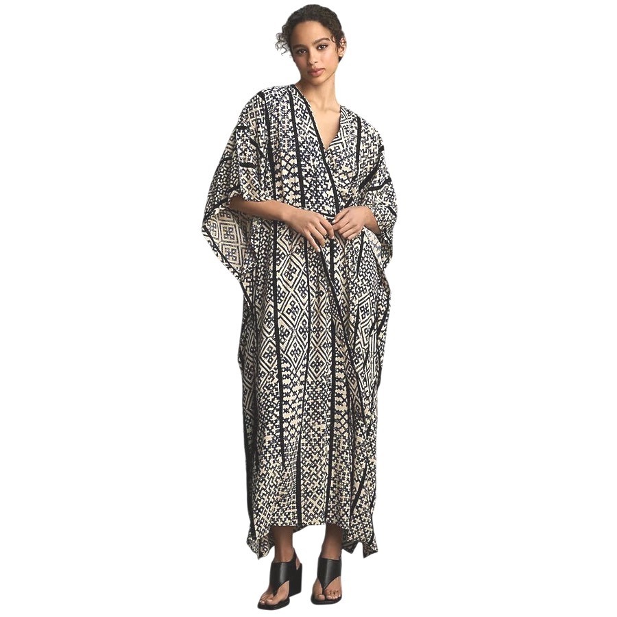 Anthropologie Bel Kazan Mara Kaftan Boho Cream Navy Duster Robe Kimono Os